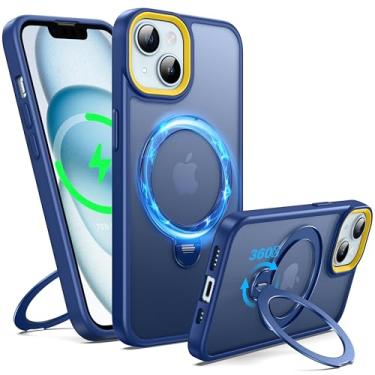 Imagem de Supdeal Capa com suporte magnético para iPhone 15, [suporte invisível giratório de 360°] [proteção de grau militar] capa fosca para celular com anel magnético, 15 cm, azul