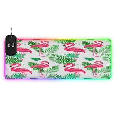 Imagem de CEBUGI Flamingos Tropical Leaves Mouse Pad de carregamento sem fio 15W Tapete de mouse rápido para jogos com 14 iluminação LED RGB para jogos, PC, laptop, mesa 90,9 x 39,9 cm