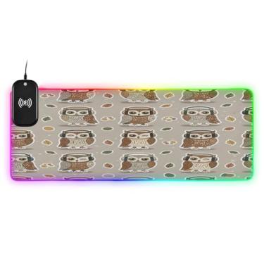 Imagem de CEBUGI Mouse pad de carregamento sem fio com coruja de desenho animado 15 W rápido para jogos com 14 iluminação LED RGB para jogos, PC, laptop, mesa 80 x 30 cm