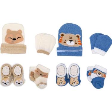 Imagem de 2 Conjuntos Bebê Recém-Nascido Touca Luva Meia e Pantufa Enxoval Menin