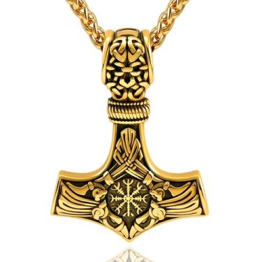 Imagem de Oaldilee Colar de martelo Thor para homens, pingente de martelo de aço inoxidável 18K, ouro, preto, amuleto poderoso, joia Noridc, presente para amantes vikings, caixa de presente, Aço inoxidável, Sem