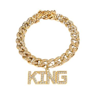 Imagem de Prdgohv Corrente de ouro para cães com pingente de diamante (KING) Colar de corrente de metal para caminhada estilo cubano para animais de estimação acessórios de joias (leve caixa de joias) (dourado