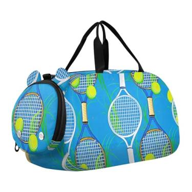 Imagem de Bolsa de viagem azul para meninas com bola de tênis, bolsa de viagem para o fim de semana, academia, bolsa de mão para meninos, Bola de tênis azul, Clássico