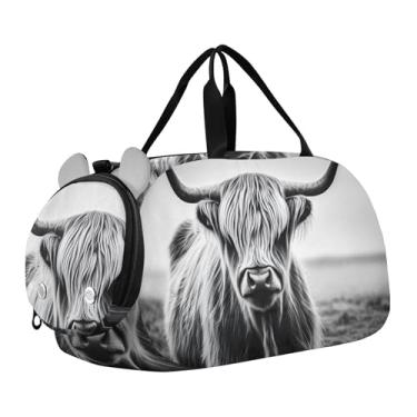 Imagem de Linda bolsa esportiva para meninos da floresta da Pomerânia para levar durante a noite para o fim de semana, bolsa de viagem para crianças, Highland Cow, preto e branco, Clássico