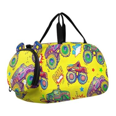 Imagem de Bolsa esportiva vibrante California Poppies para meninos durante a noite para o fim de semana e meninas para compartimento de sapatos de viagem, Caminhões coloridos amarelos, Clássico