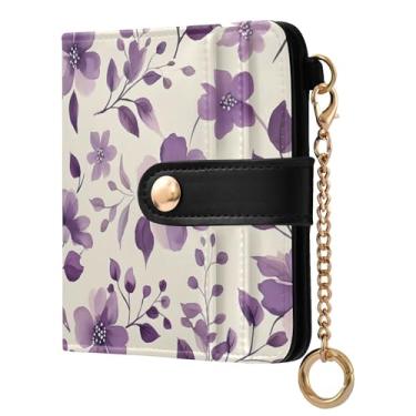 Imagem de SEHANY Carteira feminina elegante com flores roxas com bloqueio de RFID, compacto, porta-cartão de crédito de couro PU, dobrável para moedas, carteiras para mulheres e adolescentes