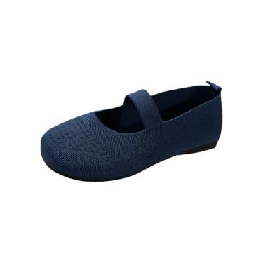Imagem de Tênis feminino fashion casual primavera e verão respirável malha voadora cor sólida bico redondo boca rasa sapatos rasos sapatos de um pé, Azul royal, 35