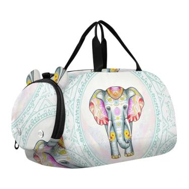 Imagem de Bolsa esportiva rosa de morango para meninos, bolsas de fim de semana para meninas, bolsa de viagem para crianças, Elefante em aquarela branco e azul, Clássico