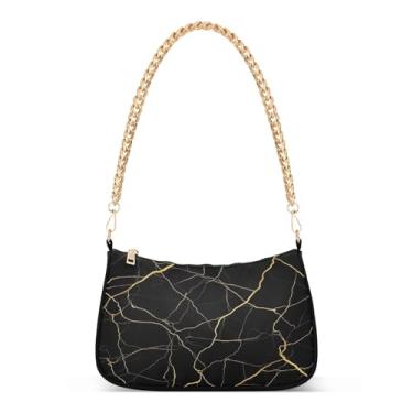 Imagem de Bolsa de ombro chique de corrente minimalista preta com veia dourada, bolsa feminina Hobo, bolsa clutch versátil para uso diário e festa