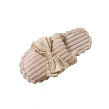 Imagem de Pantufas femininas modernas, casuais e confortáveis, com laço, bico redondo, um pé, Bege, 34