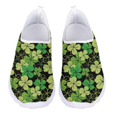 Imagem de QOPECUOY Tênis de caminhada feminino sem cadarço tênis de corrida de malha respirável feminino casual para viagem, tamanho 35-43 EU, Quatro folhas pretas, 36