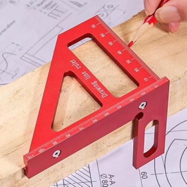 Imagem de Régua multiangular de liga de alumínio 3 em 1, quadrado e transferidor de madeira de 45/90 graus, ferramenta de medição de precisão para carpintaria e projetos DIY (vermelho)