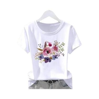 Imagem de Camiseta Gráfica Casual Oversized Feminina Com Estampa Floral, Manga C
