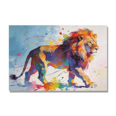 Imagem de NHLDZYH Pintura de leão colorida, impressão de arte abstrata vibrante, decoração de parede de animais selvagens e enérgicos, tela contemporânea moderna para quarto, academia, quarto de crianças. A84