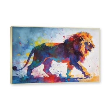 Imagem de Moldura dourada. Arte abstrata de respingos de leão, pintura colorida de animais em tela, decoração de parede expressiva moderna para sala de estar ou escritório. A94. 50 x 75 cm - 19,7 x 29,6 pol.