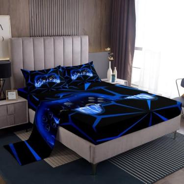 Imagem de Feelyou Jogo de lençol infantil casal para meninos e meninas, console de videogame geométrico 3D, azul e preto, 1 lençol com elástico + 2 fronhas + 1 lençol de cima