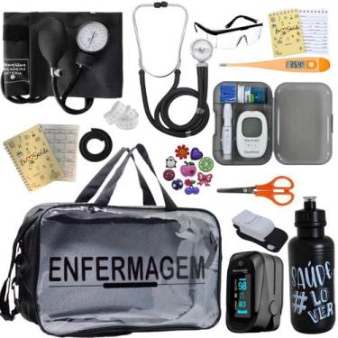 Imagem de Kit Bolsa Transparente Aparelho de Pressão Aneroide Medidor de Glicose