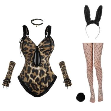 Imagem de CR ROLECOS Fantasia de coelho para mulheres adultas com estampa de leopardo, roupa de coelho, lingerie com faixa de cabeça, meias, Leopardo, XX-Large