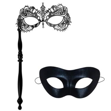 Imagem de Aroncent Couples Masquerade Masks Set: Venetian Metal Mask with Stick for Women and PVC Mask for Men - Halloween Mardi Gras Costume Party Accessories Black