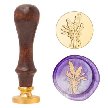 Imagem de Carimbo de lacre de cera de flor de lavanda, elegante carimbo de selagem de plantas botânicas de jardim com alça de madeira para cartão de convite de casamento, estética floral, envelope e agenda,