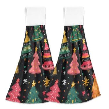 Imagem de Blueangle 2 peças de toalhas de gravata penduradas com árvores de Natal de desenho animado toalha de mão toalha de mão absorvente de veludo coral macio pano para cozinha e banheiro (736)