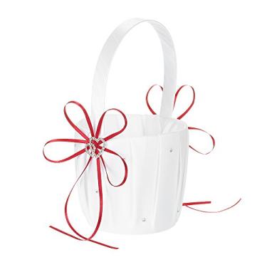 Imagem de Cuofyunl 6 * 6 polegadas duplo coração cetim anel portador travesseiro e cesta de flor de casamento conjunto com fita de strass decoração branca (Vermelha)