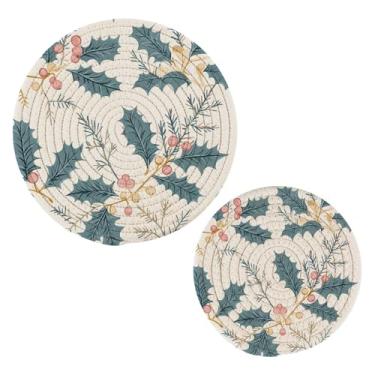 Imagem de Wassud Conjunto de trivet de folhas de azevinho de Natal para pratos quentes, suportes redondos de algodão, almofadas quentes, porta-copos elegantes, decoração de cozinha e acessórios, 2 peças