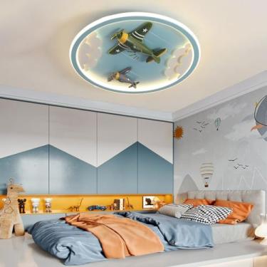 Imagem de Luminária de teto LED moderna para quarto infantil, com decoração de avião de desenho animado, luminária de teto redonda de metal com intensidade regulável, luz azul para quarto, sala de est