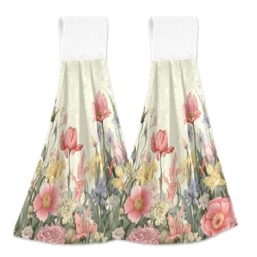 Imagem de xigua Conjunto de 2 toalhas de cozinha coloridas de flores silvestres, toalhas de cozinha macias e absorventes rápidas com laço para pendurar e adesivos mágicos, toalhas de mão de pano para pendurar