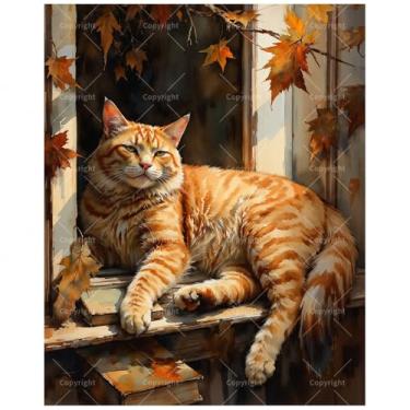 Imagem de Kit de pintura animal por números para adultos - DIY gato malhado laranja em livros, pintura em tela, conjunto de tinta acrílica, adequado para iniciantes, arte para decoração de casa ou presentes
