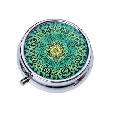 Imagem de Caixa de comprimidos pequena com mandala de espelho, suporte de pílula de 3 compartimentos para bolsa ou bolso, recipiente portátil de vitaminas para remédios, armazenamento de óleo de peixe (turquesa