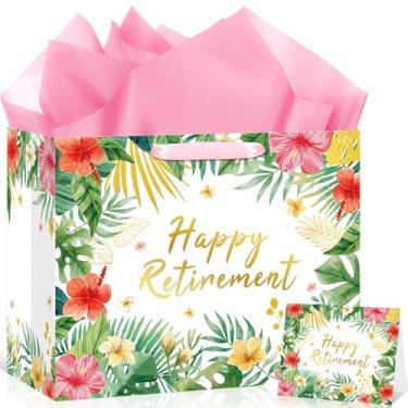Imagem de Bolsa de presente havaiana para aposentadoria rosa Havaí Happy Retirement Gift Bag com papel de seda cartão de felicitações flor tropical saco de folha de palmeira para mulheres, escritório, colega de