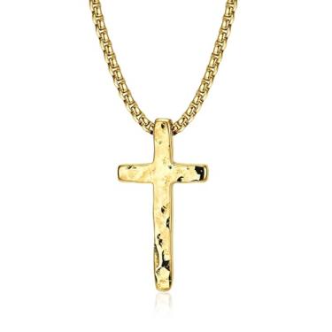 Imagem de MUSECLOUD Colar de corrente de cruz de prata para homens: Colares com pingente de cruzes de aço inoxidável 316L martelado com correntes de caixa joias de Natal cristãs forjadas à mão para homens e