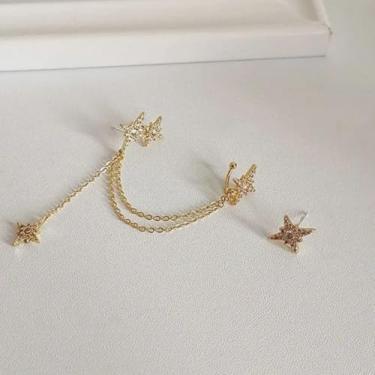 Imagem de Brincos de zircônia cúbica banhados a ouro na moda, assimétrico, design em forma de estrela, incompatível com borlas longas, joias de presente para mulheres, 2inch, Liga de aço, Zircônia cúbica