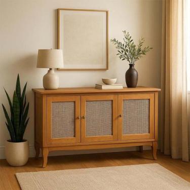 Imagem de Buffet Aparador 3 Portas com Tela Rattan Madeira Sólida de Pinus 124cm