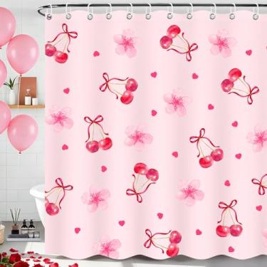Imagem de LSYDCARM Cortina de chuveiro cereja rosa, cortina de chuveiro com laço de cereja com coração floral lindas cortinas de banheiro laváveis, 182 x 182 cm cortina de banho impermeável para banheira e