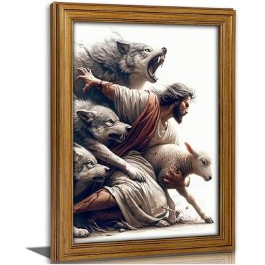 Imagem de Arte de parede em tela vintage com moldura dourada Jesus e Cordeiro Jesus Salva a Ovelha Perdida Imagem Cristã Decoração de Parede Pastor Proteja um Cordeiro de Lobos Pintura Pôster Impressão Arte