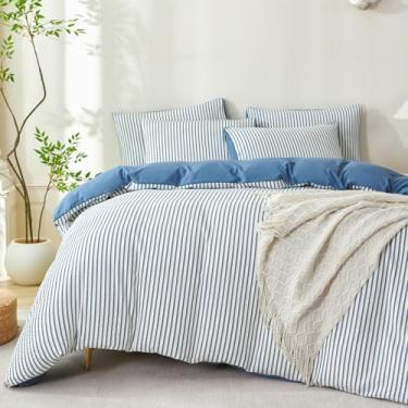 Imagem de BUPIRD Conjunto de edredom Queen listrado, azul, microfibra lavada, macia, jacquard 3 peças, listrado, azul e branco, para todas as estações, e 2 fronhas, confortável, respirável
