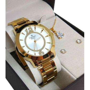 Imagem de Kit Relógio Champion Feminino Original Dourado A Prova D'água Novo NF