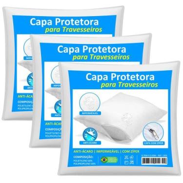 Imagem de Kit 3 Capas Travesseiro Impermeável Branca 50cm x 70cm Com Zíper e Hip