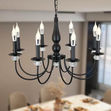 Imagem de Lustre preto, lustre de vela de fazenda com 8 luzes para sala de estar, lustres pendentes industriais rústicos para sala de jantar, luminária suspensa de cristal vintage para hall de entrada de