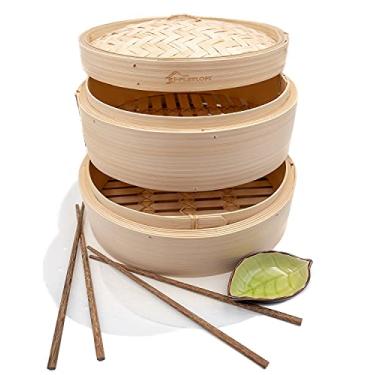 Imagem de Vaporizador de bambu feito à mão premium de 20 cm – Cestas de duas camadas – Dumpling Dim Sum Dumpling & Bao Bun – Cestas de vapor para arroz, legumes, carne e peixe incluídos 2 conjuntos de hashis, 20 forros e molho