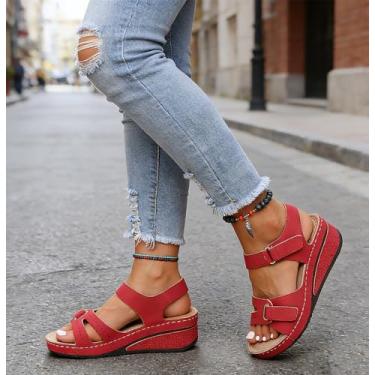 Imagem de Sandálias femininas de salto baixo plataforma elegantes de verão com tira no tornozelo, bico aberto, plataforma, confortável, Vermelho, 35