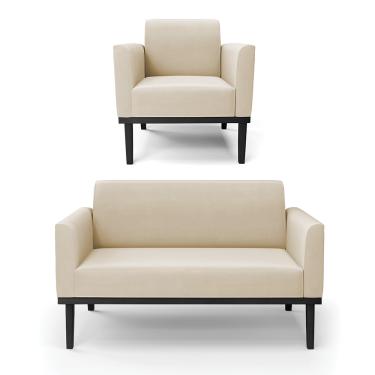 Imagem de Sofá Namoradeira com Poltrona Base de Madeira Fixa Preto Marisa Suede Bege  D03 - D'Rossi