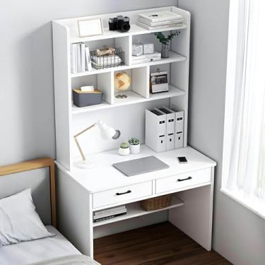 Imagem de Mesa de computador de madeira com cabana e estante, mesa de escritório doméstico com gavetas e prateleira de armazenamento, mesa de estudo com economia de espaço