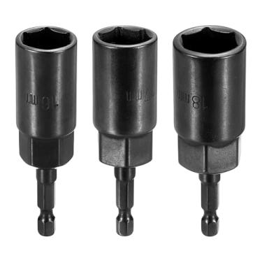 Imagem de HARFINGTON 3 peças de broca de chave de porca 16 + 17 + 18 mm soquete métrico 1/10.2 cm haste sextavada 3,15" (80 mm) soquetes extra longos de 6 pontos de troca rápida conjuntos de parafusos de aço