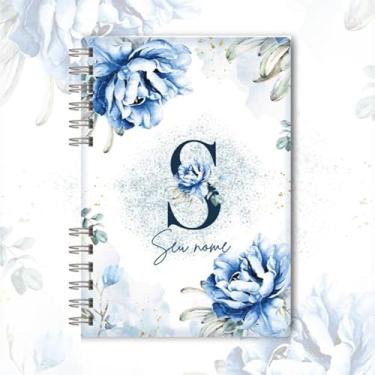 Imagem de Caderno A5 floral azul capa dura personalizado com inicial e nome, caderneta para anotações, caderno de anotações pautado ou sem pauta para estudo, organização e uso diário (S)