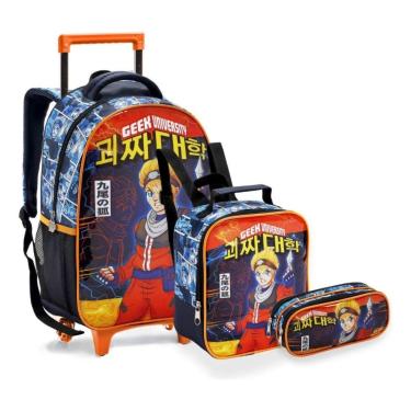 Imagem de Kit Mochila Rodinhas Lancheira Estojo Duplo Naruto Uzumaki Geek Escolar Infantil Seanite-Masculino