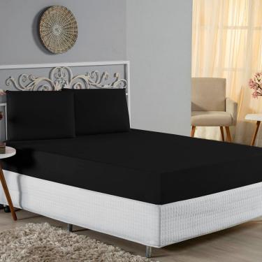 Imagem de Jogo De Cama King Nobre 3 Peças Lençol Com Elástico De 30cm De Altura Malha 100% Algodão - Preto