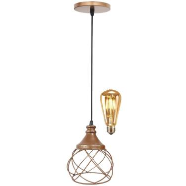 Imagem de Pendente Aramado Redondo Cobre Rose Gold + Lâmpada Lustre Luminária Teto Sala Cozinha Balcão